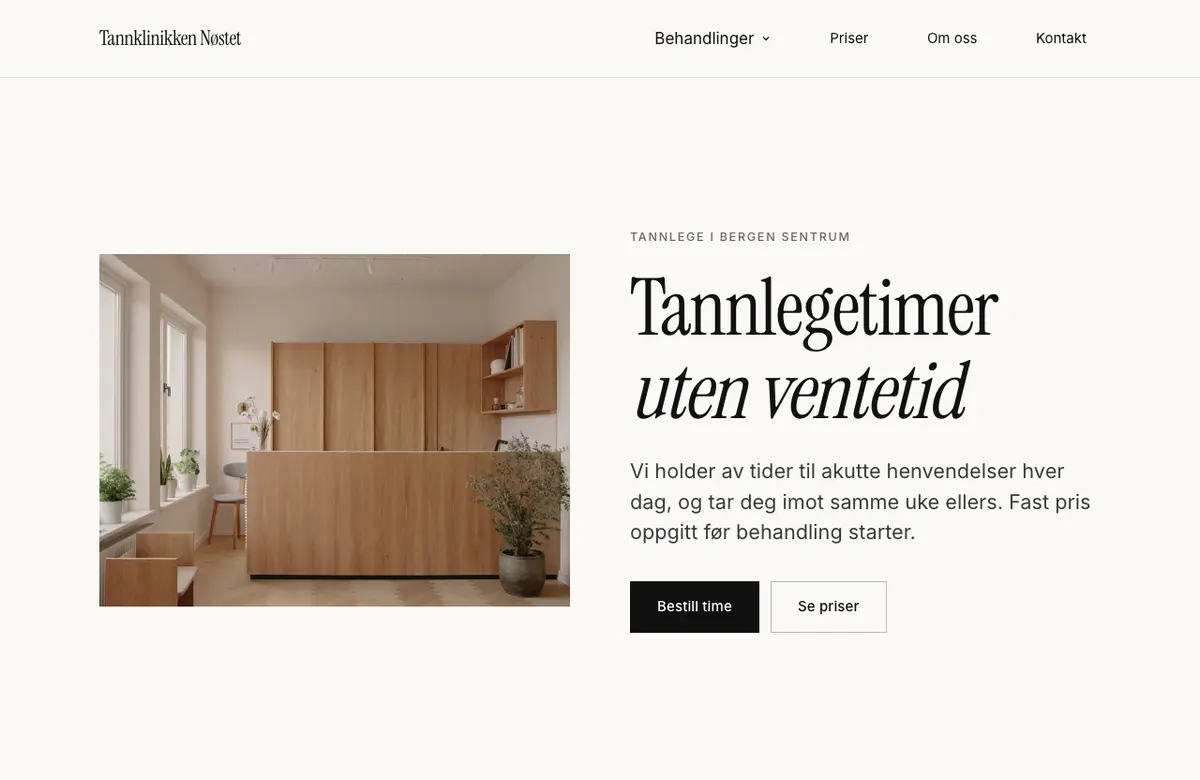 Ferdig nettside for en tannklinikk, bygget av Smartsted