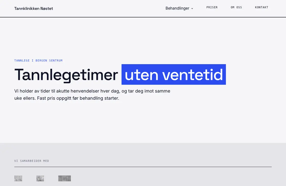 Malen Verksted: høy kontrast og monospace-etiketter, vist med tannklinikkens innhold