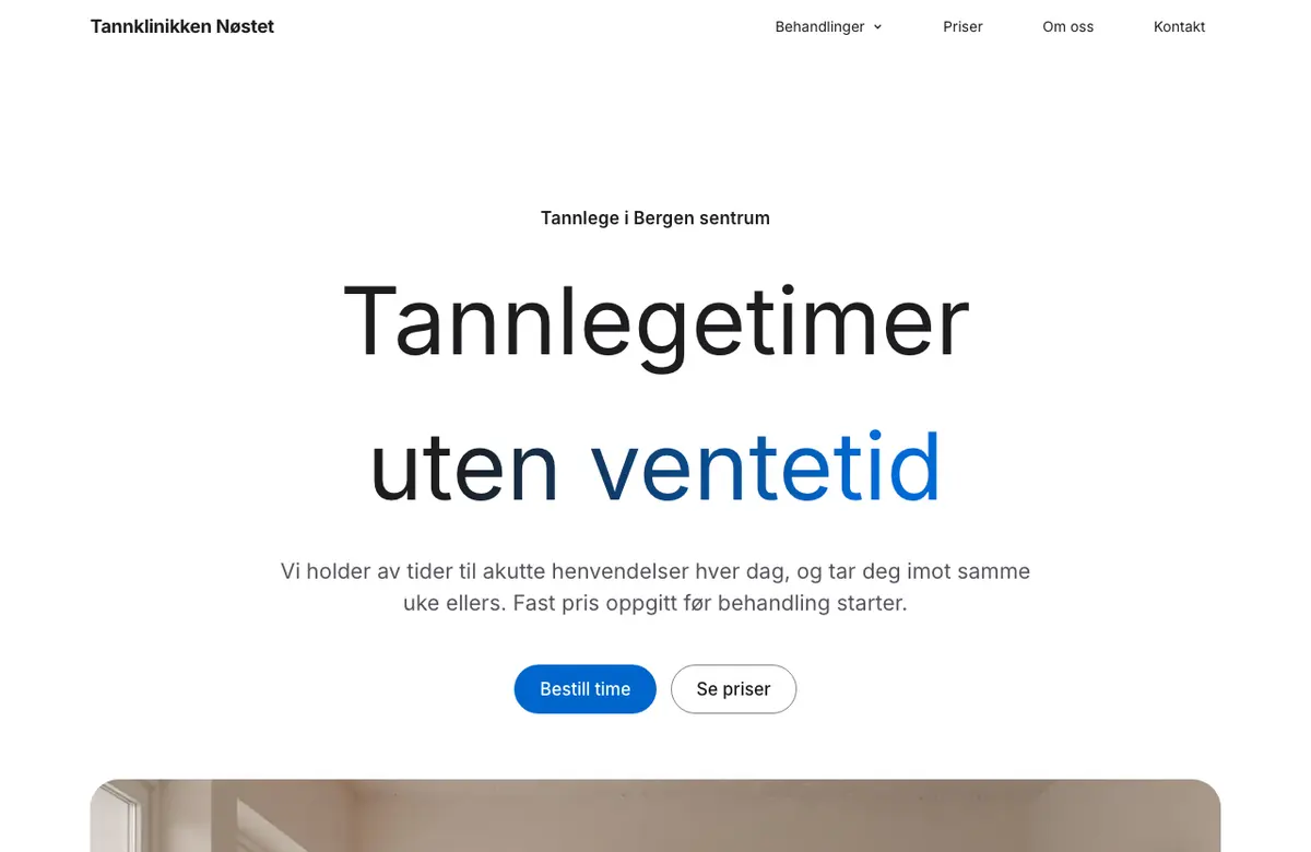 Malen Katedral: enorme overskrifter på hvitt med mye luft og pilleknapper, vist med tannklinikkens innhold